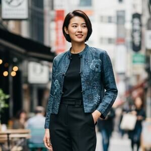 CITRON Santa Monica Silk Embroidered Light Jacket in Navy P XS